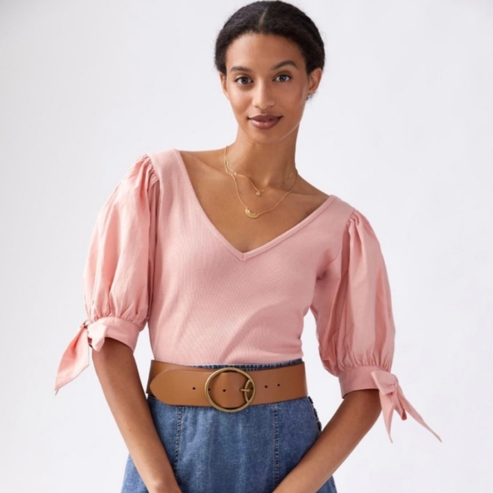 NWT Anthropologie Maeve Puff Sleeve Ribbed Blouse Size Large